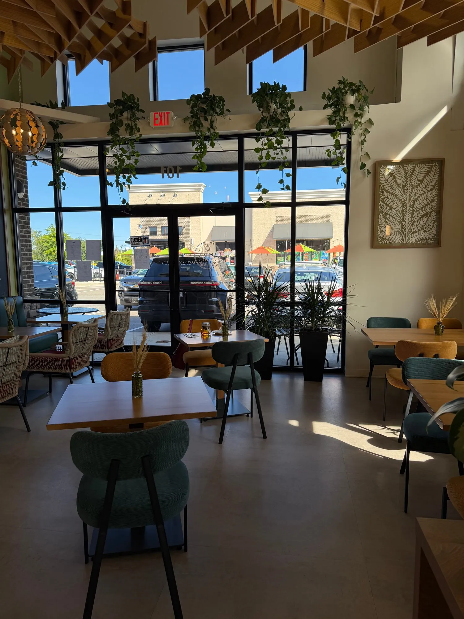 The front windows and door, seen from inside the dining room