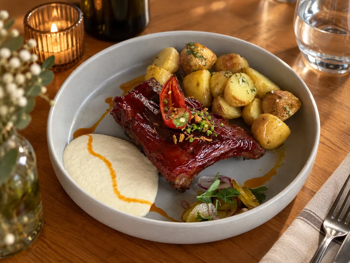 Beet-glazed pork ribs with new potatoes and horseradish sauce